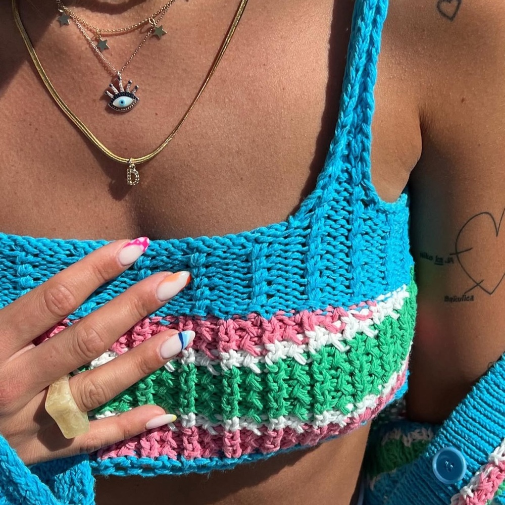 Zara Blue Multi Knit Crop Top - Size Medium